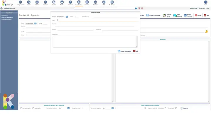 Pantalla del módulo CRM en software ERP en Málaga, mostrando la gestión de agenda, anotaciones rápidas y seguimiento comercial.