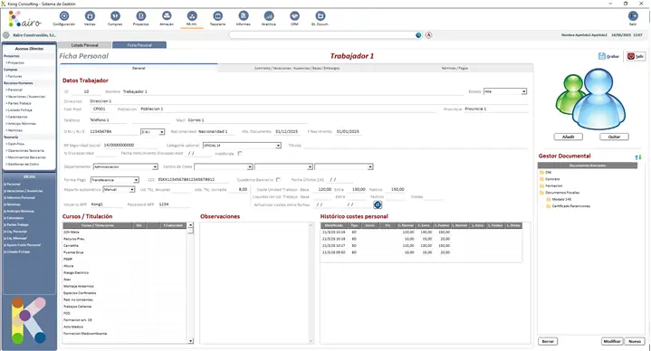 Pantalla del módulo de recursos humanos en software ERP en Málaga, mostrando la ficha detallada del trabajador, histórico de costes y gestor documental asociado.