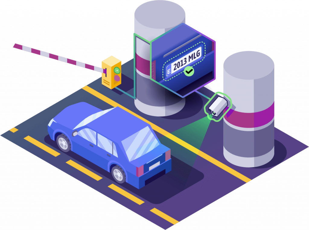 Ilustración de cámara LPR capturando la matrícula de un vehículo para control de acceso en parkings o comunidades en Málaga.