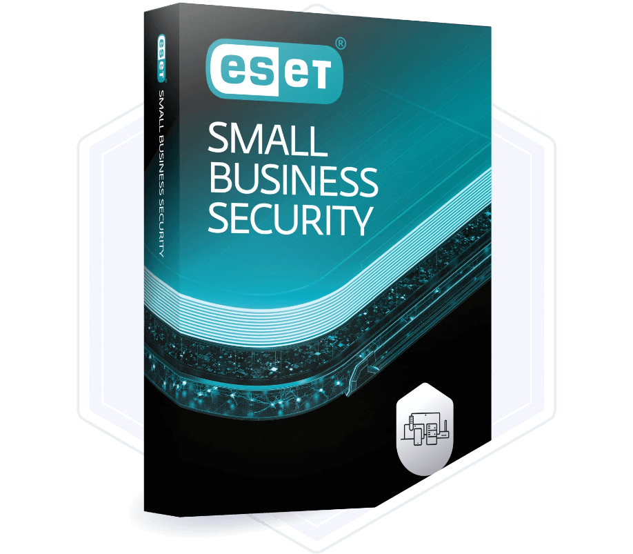 Caja de software de seguridad eset para negocios que representa soluciones de ciberseguridad avanzadas para empresas y pymes.