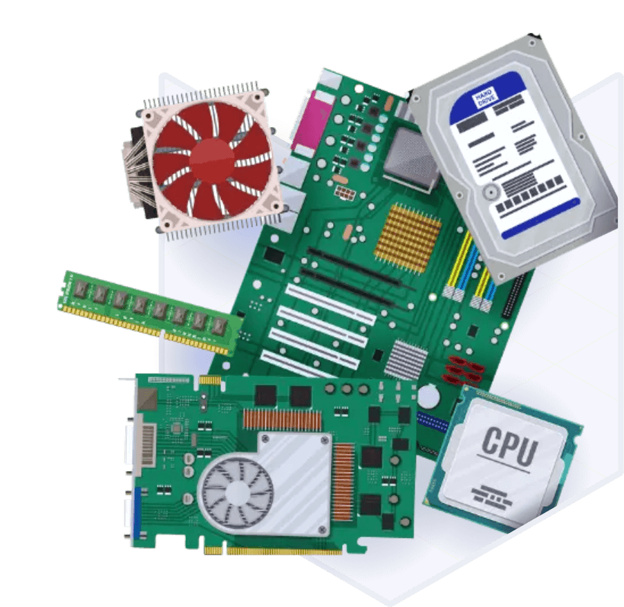 Imagen con componentes de hardware como CPU, ventilador, RAM y placa base, representando soluciones tecnológicas profesionales.