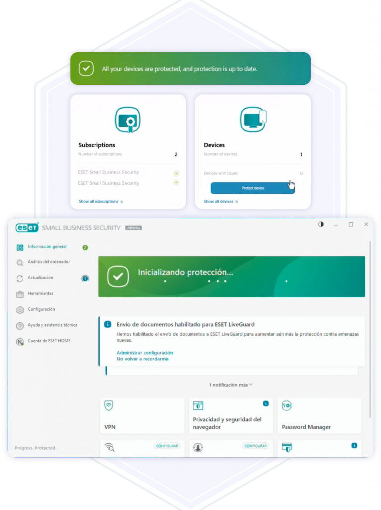 Capturas de pantalla del panel de control de seguridad digital con estado de protección activa, ilustrando la gestión centralizada de dispositivos.
