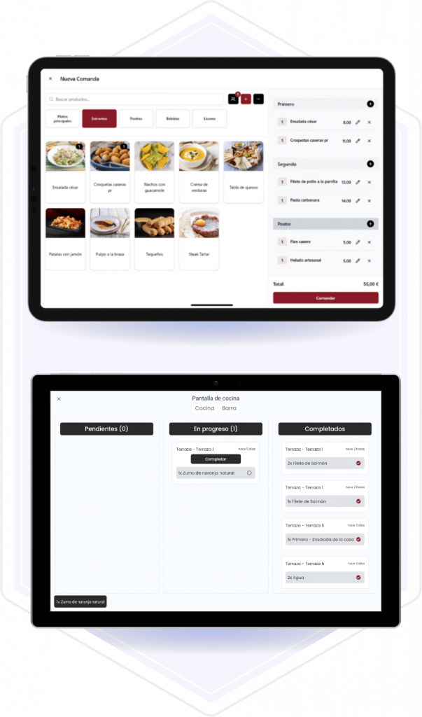 Interfaz de pantalla de cocina con comandas pendientes, en proceso y completadas para TPV en Málaga