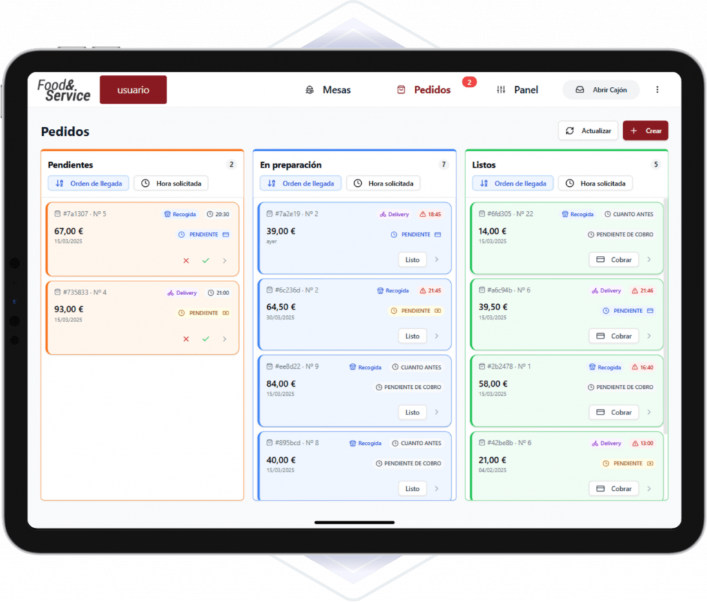 Pantalla de software TPV con gestión de pedidos para reparto a domicilio en restaurantes y pizzerías