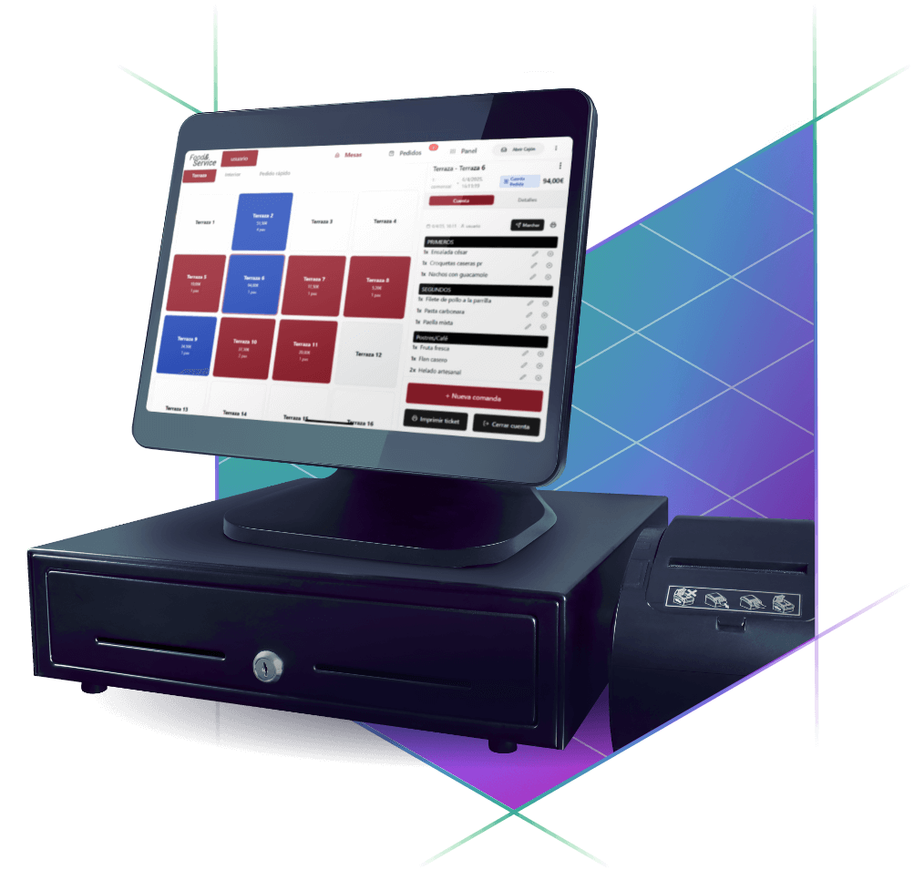 Imagen representativa de un sistema TPV profesional para hostelería, que incluye terminal táctil, impresora térmica de tickets y cajón portamonedas. Solución informática completa para bares, restaurantes, cafeterías y comercios en Málaga.