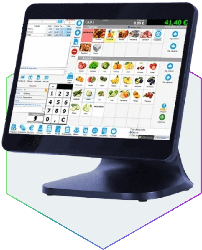 Terminal TPV con pantalla táctil para supermercados y fruterías.
