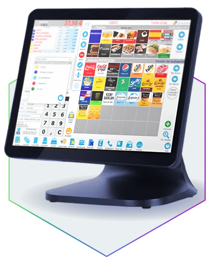 Imagen de TPV táctil con pantalla encendida y software de gestión para ventas y comandas en negocios de hostelería.